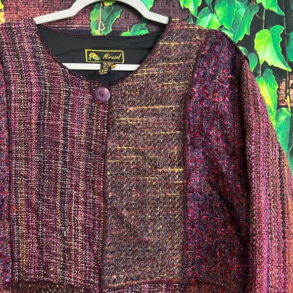 Vintage Mirasol Patchwork Tweed Jacket Womens XL Wool Blend Purple Brown - Picture 1 of 5